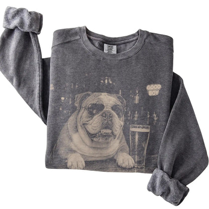 Pepper English Bulldog at a bar beside a pint, folded detail view