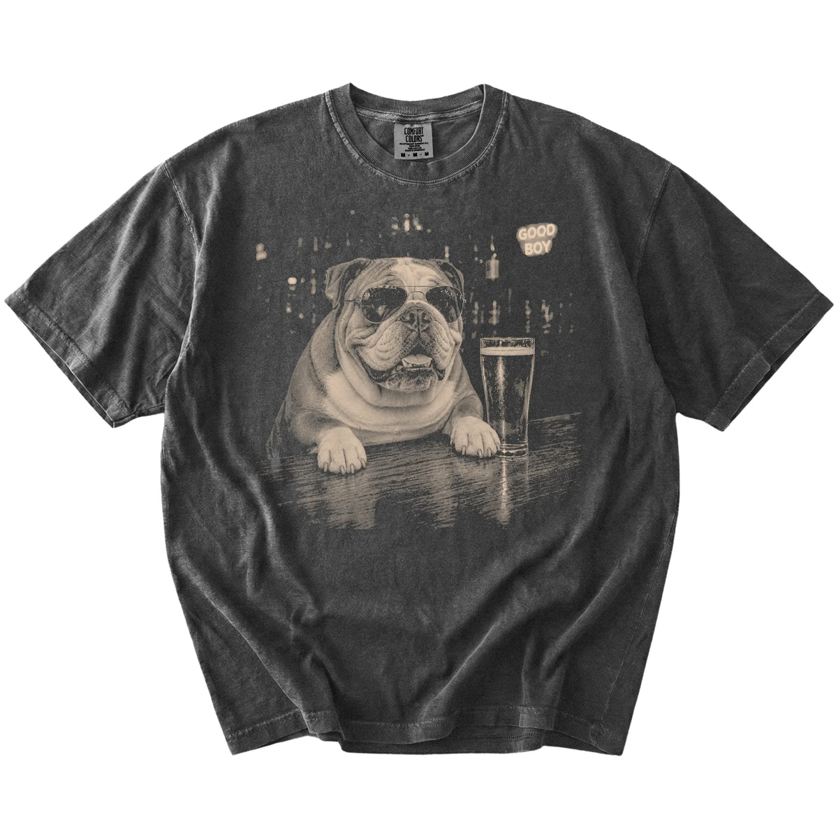 Pepper English Bulldog at a bar beside a pint, laid flat