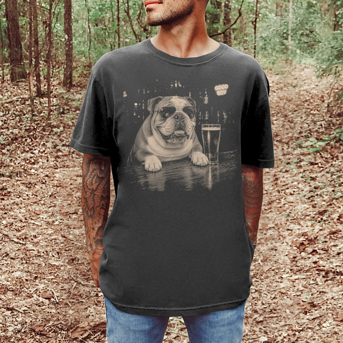 Pepper English Bulldog at a bar beside a pint, worn in a studio setting