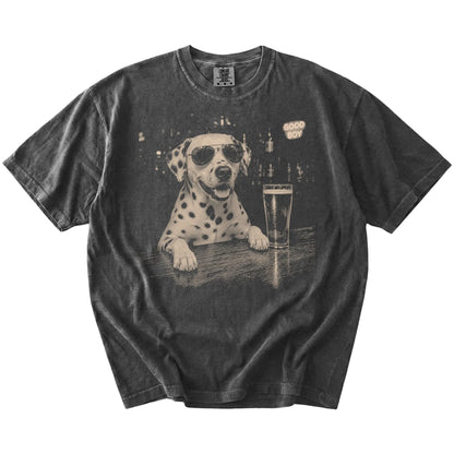 Pepper Dalmatian at a bar beside a pint, laid flat