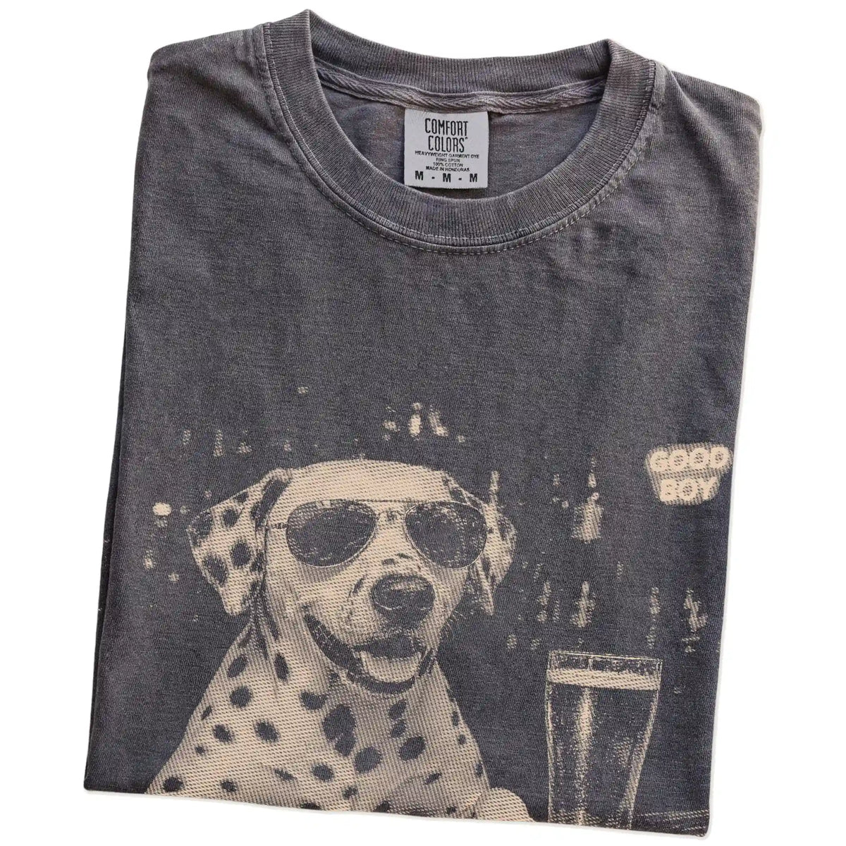 Pepper Dalmatian at a bar beside a pint, folded detail view
