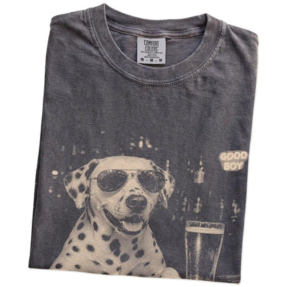 Pepper Dalmatian at a bar beside a pint, folded detail view