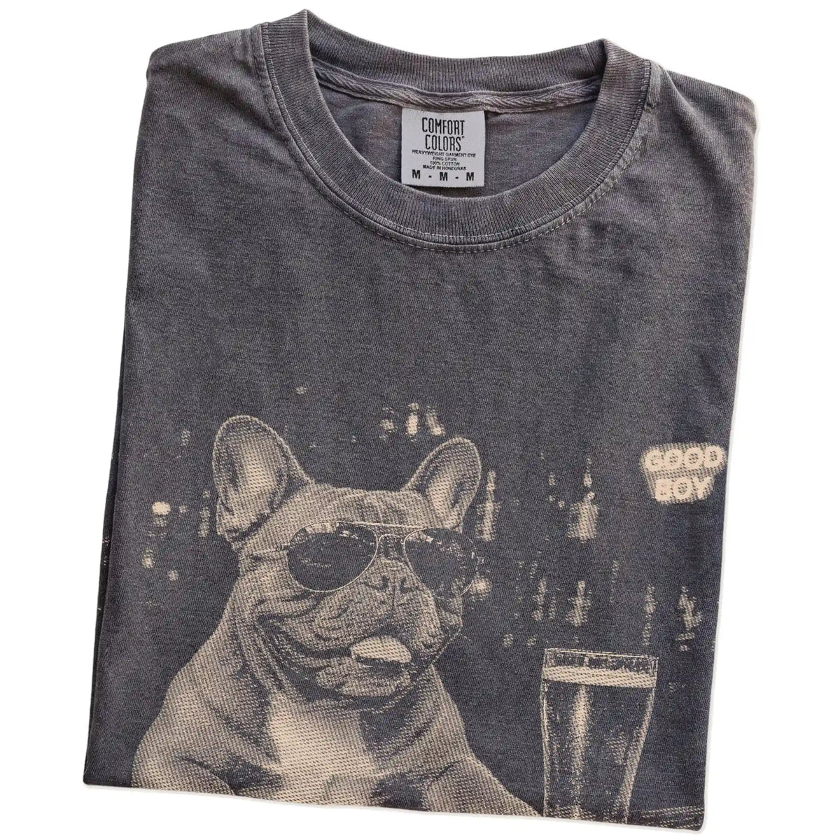 Pepper Frenchie at a bar beside a pint, folded detail view