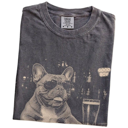 Pepper Frenchie at a bar beside a pint, folded detail view