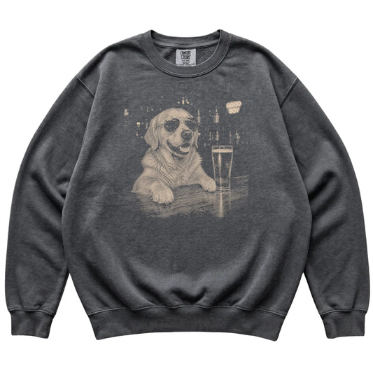 Pepper Golden Retriever at a bar beside a pint, laid flat