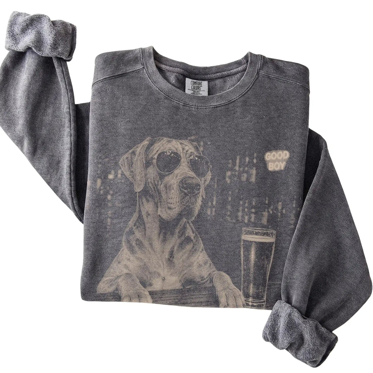 Pepper Great Dane at a bar beside a pint, folded detail view