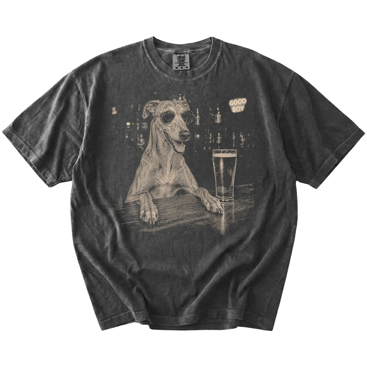 Pepper Greyhound at a bar beside a pint, laid flat