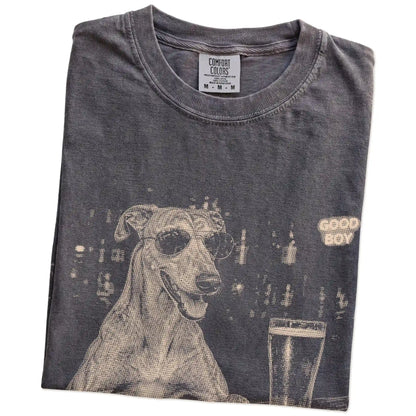 Pepper Greyhound at a bar beside a pint, folded detail view