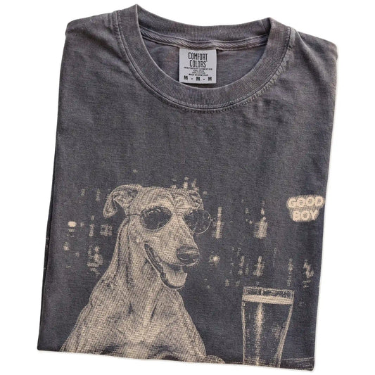 Pepper Greyhound at a bar beside a pint, folded detail view