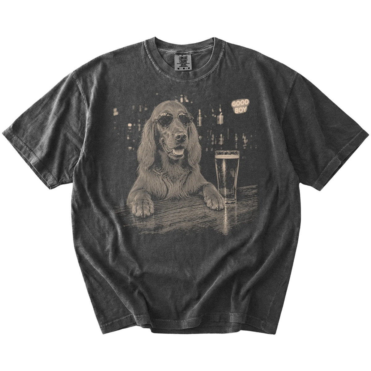 Pepper Irish Setter at a bar beside a pint, laid flat