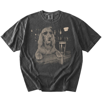Pepper Irish Setter at a bar beside a pint, laid flat