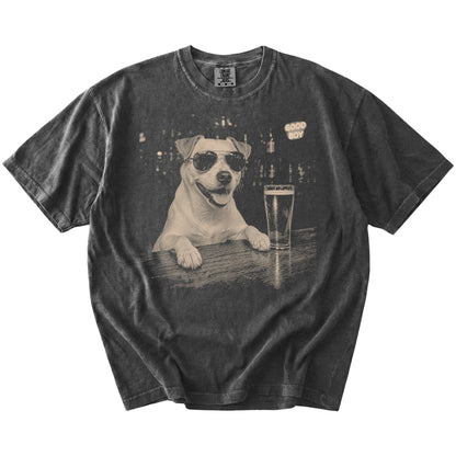 Pepper Jack Russell at a bar beside a pint, laid flat