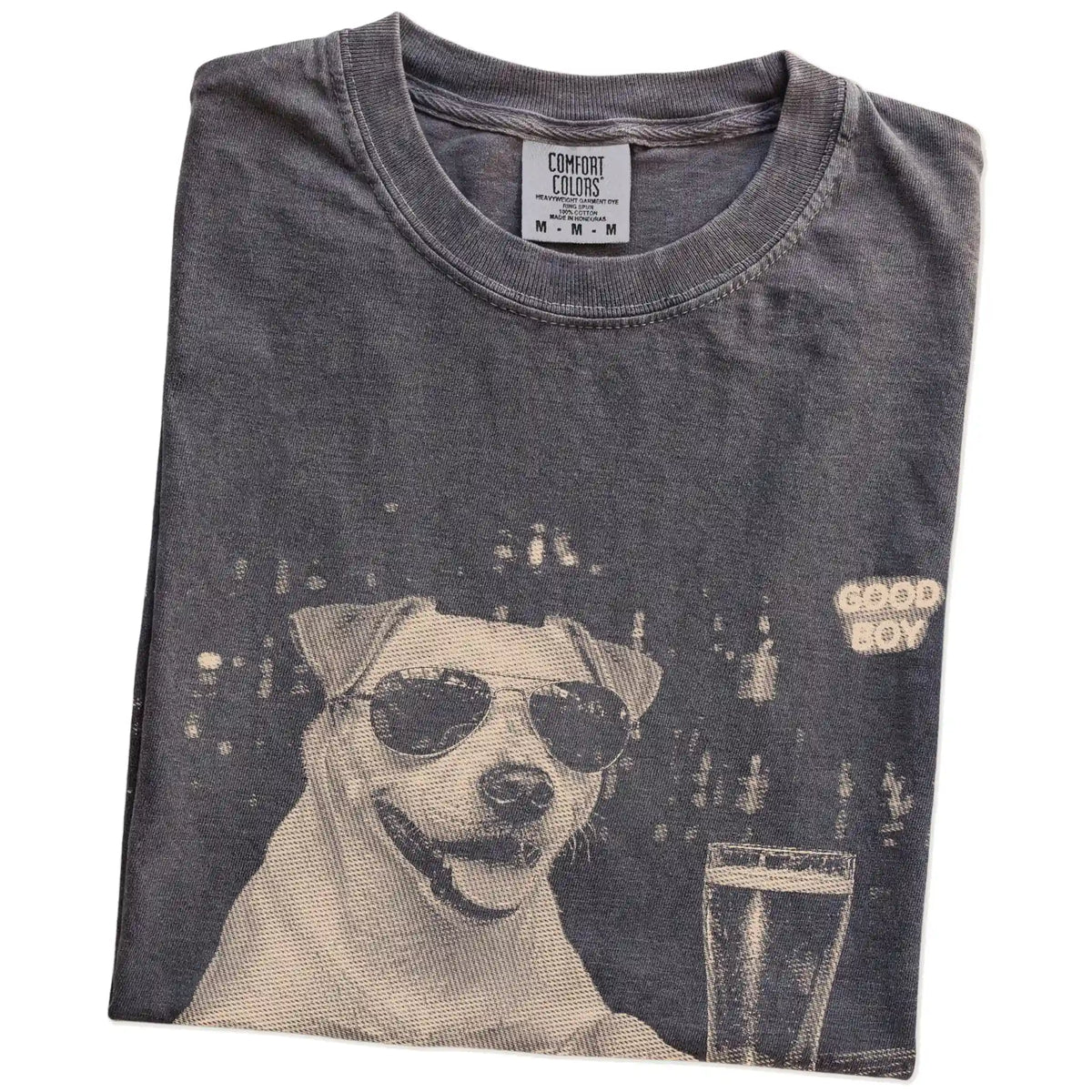 Pepper Jack Russell at a bar beside a pint, folded detail view