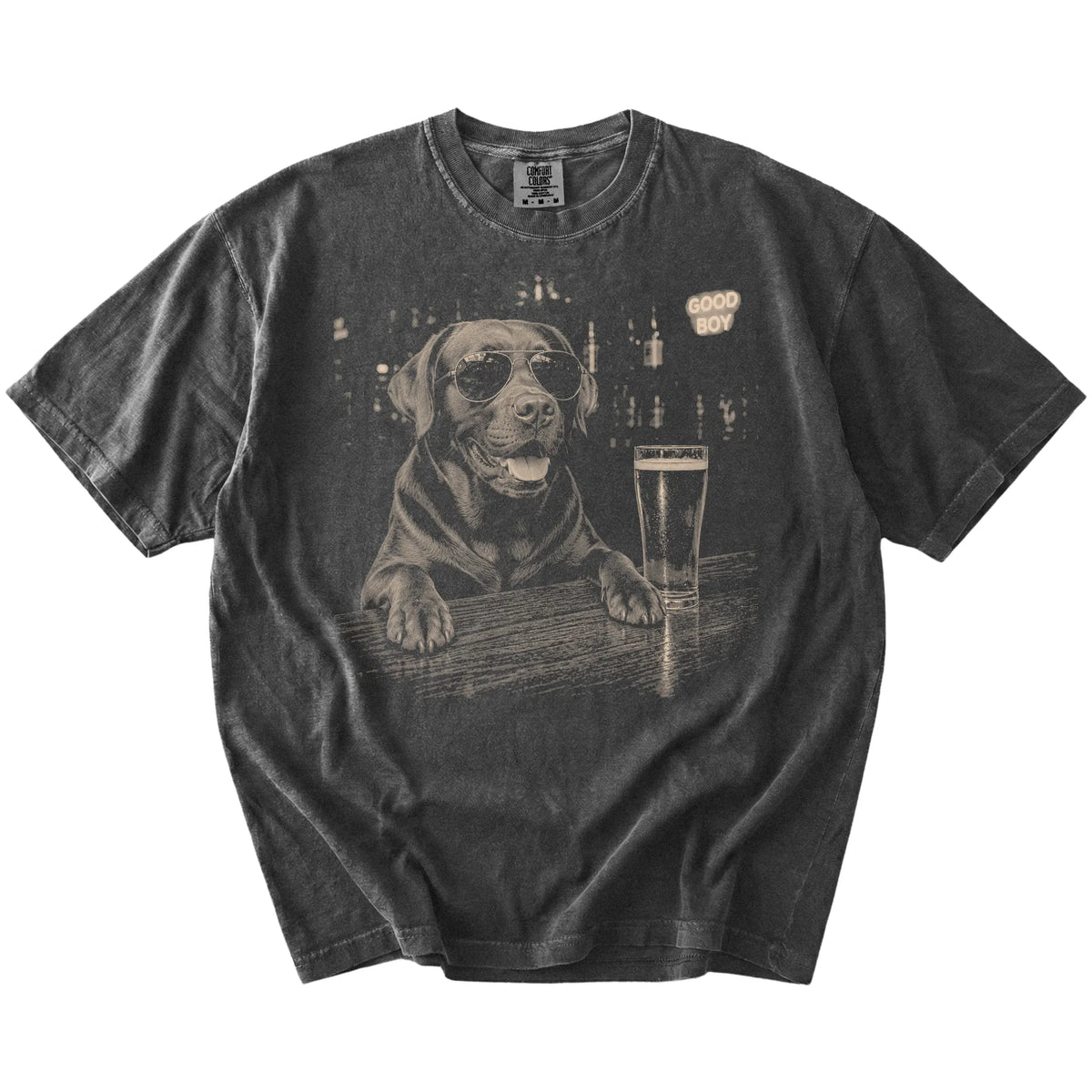 Pepper Labrador Retriever at a bar beside a pint, laid flat