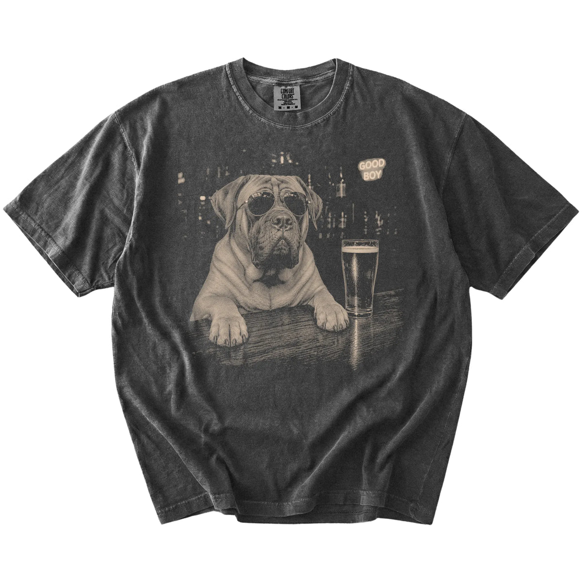 Pepper Mastiff at a bar beside a pint, laid flat