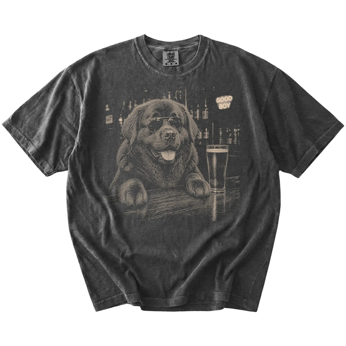 Pepper Newfie at a bar beside a pint, laid flat