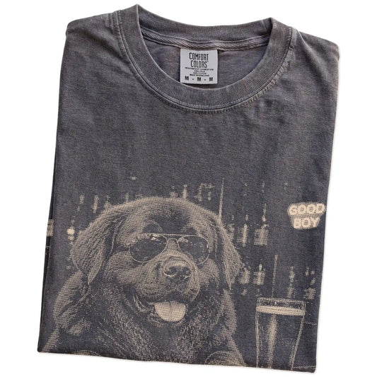 Pepper Newfie at a bar beside a pint, folded detail view