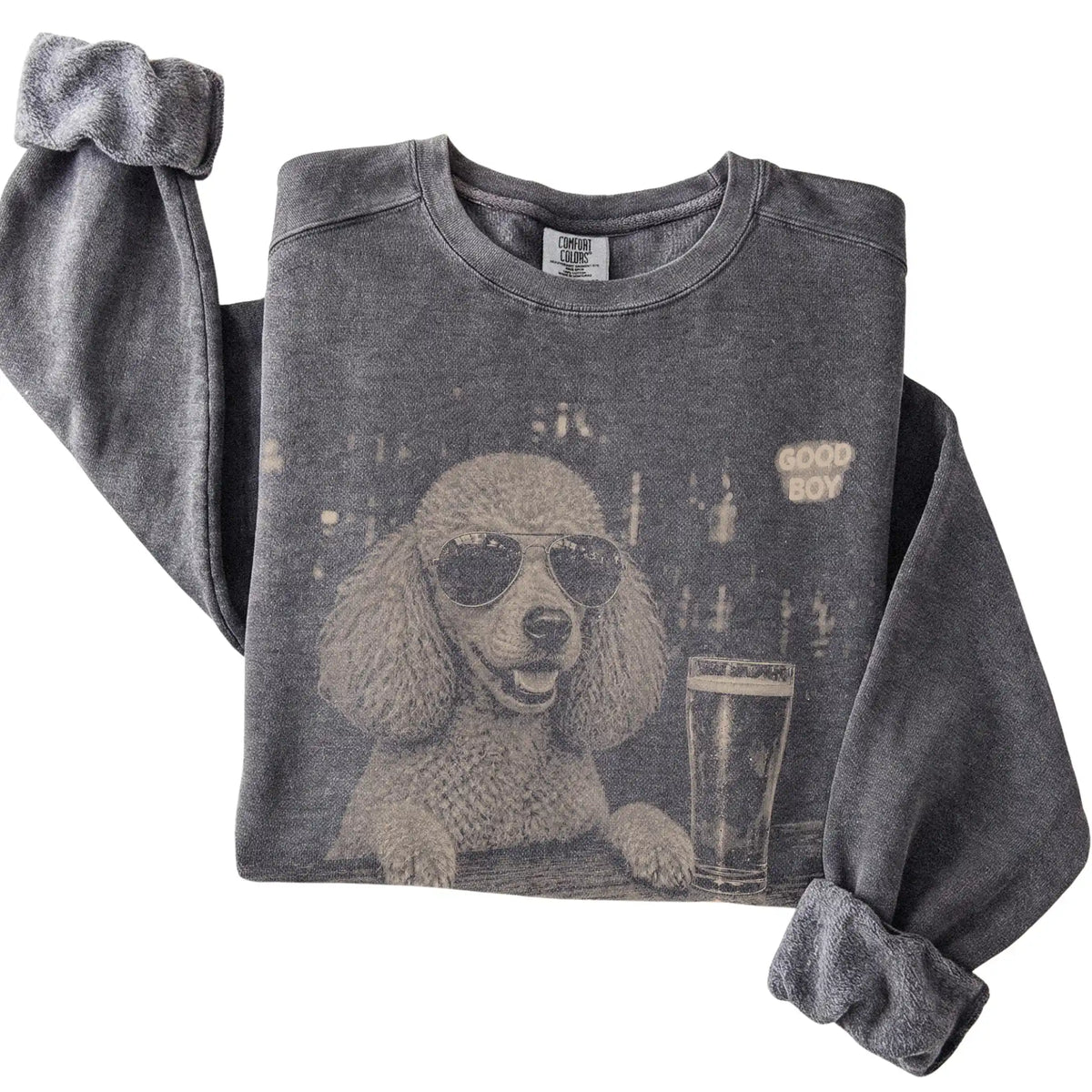 Pepper Poodle at a bar beside a pint, folded detail view