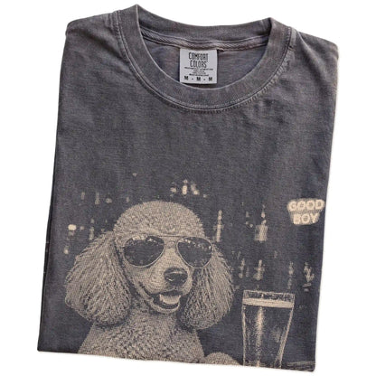 Pepper Poodle at a bar beside a pint, folded detail view