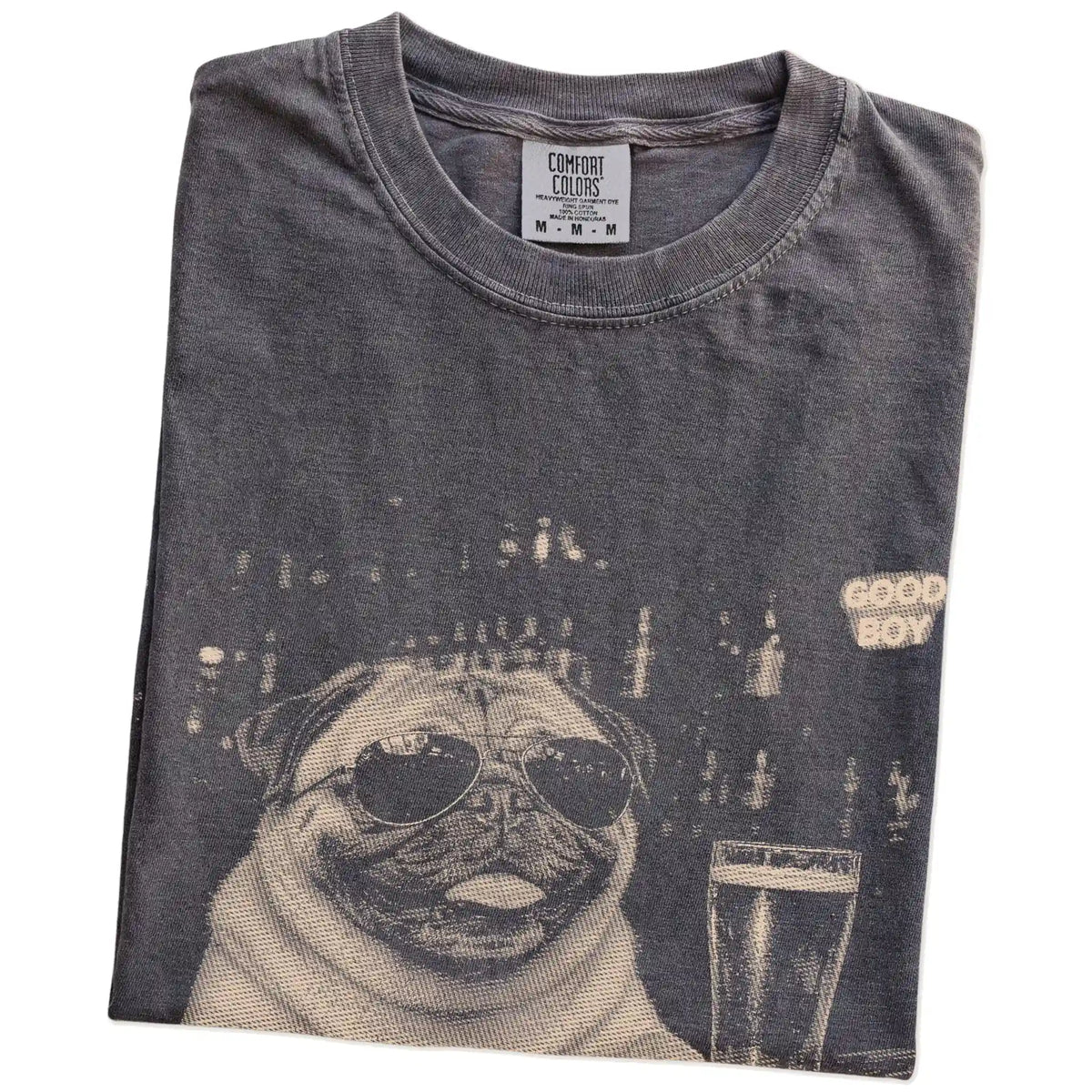 Pepper Pug at a bar beside a pint, folded detail view