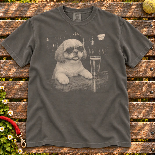 Drinking Beer Shih Tzu design on a Pepper Comfort Colors T-shirt, shown flat