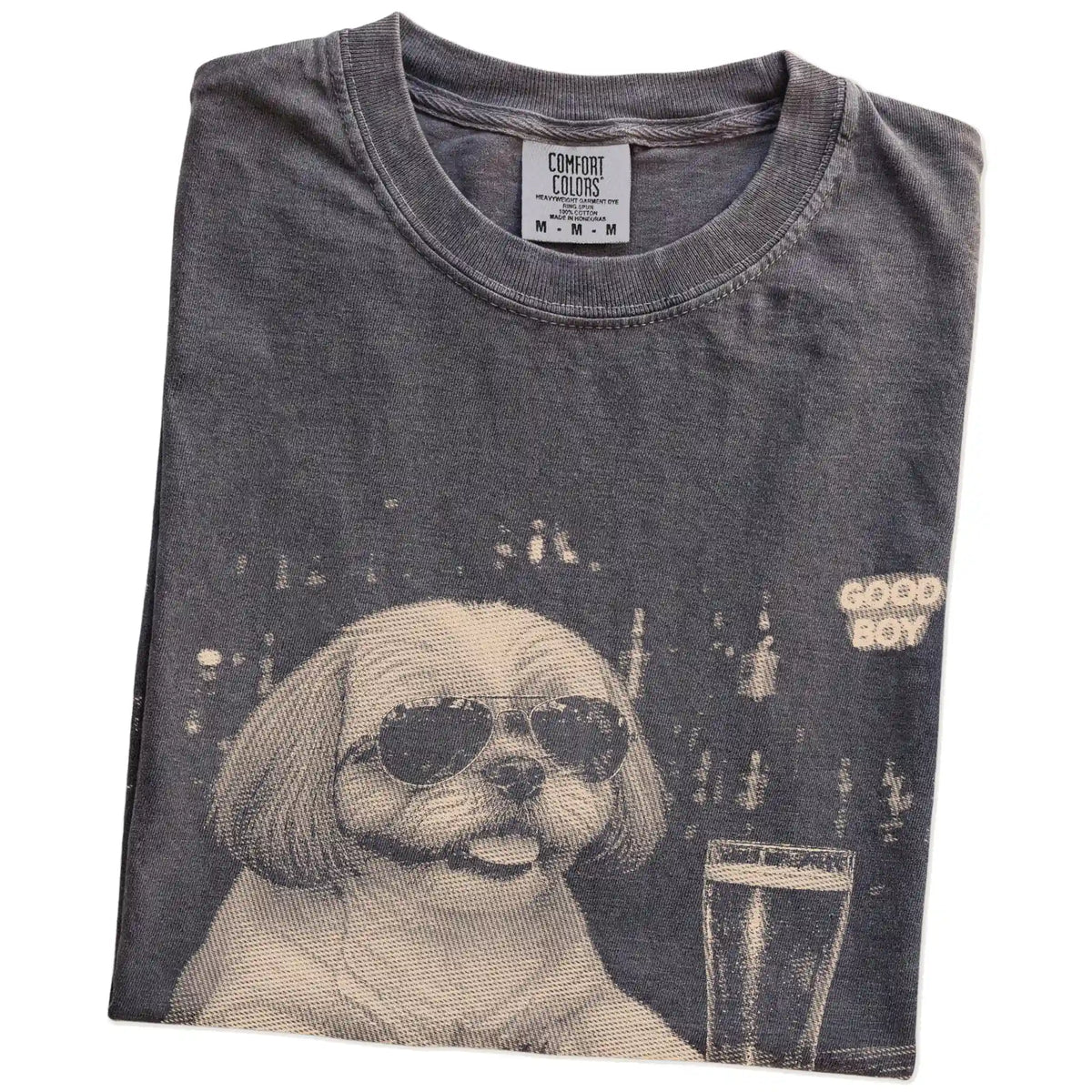 Pepper Shih Tzu at a bar beside a pint, folded detail view