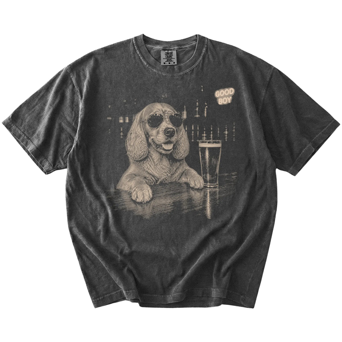 Pepper Springer Spaniel at a bar beside a pint, laid flat