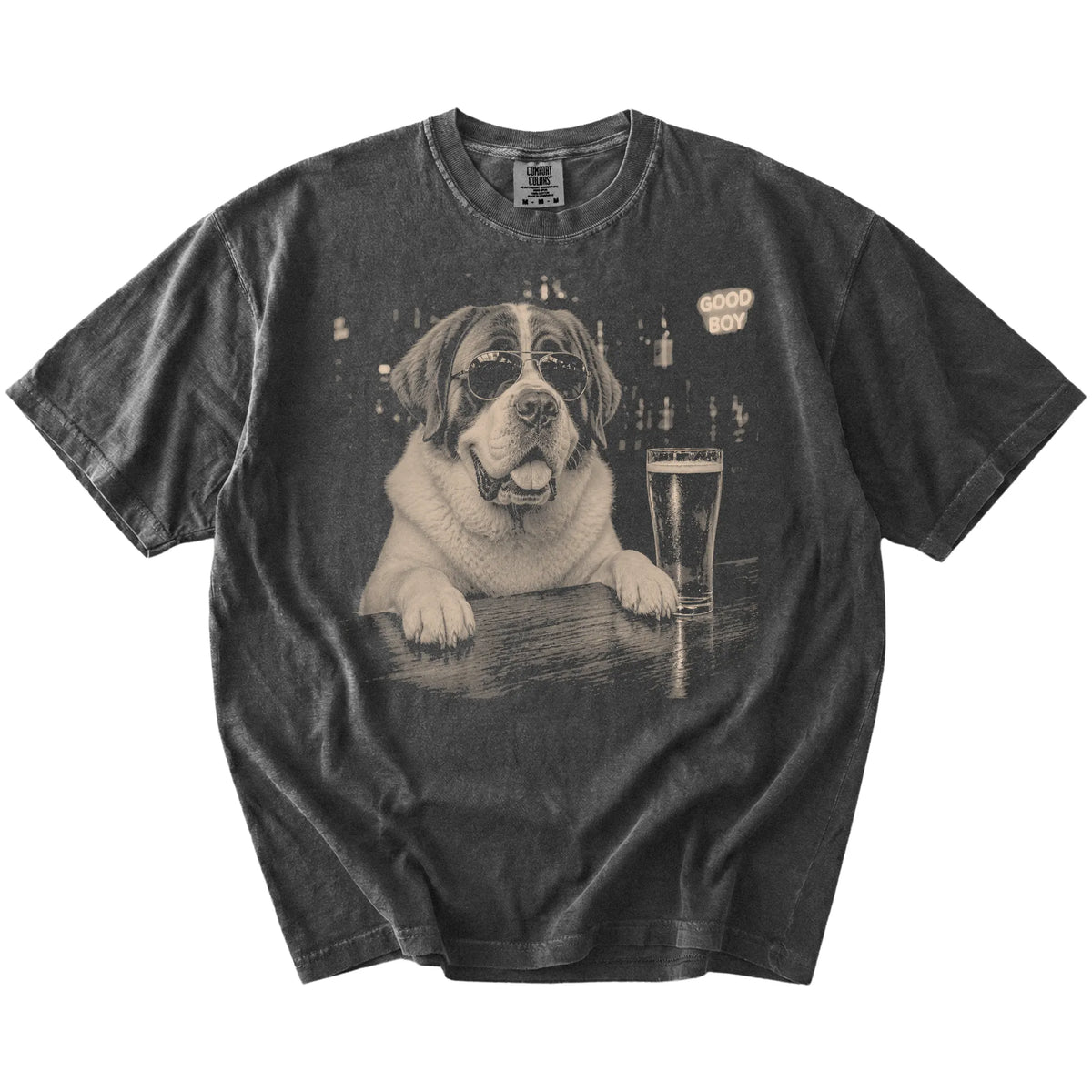 Pepper St Bernard at a bar beside a pint, laid flat