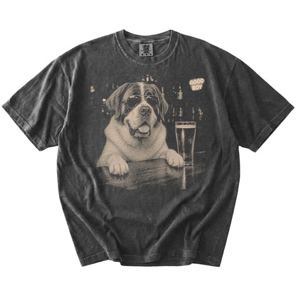 Pepper St Bernard at a bar beside a pint, laid flat