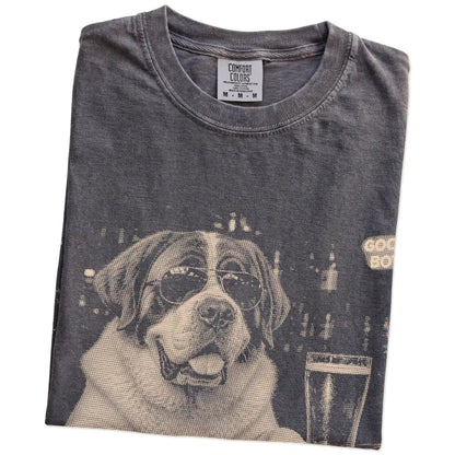 Pepper St Bernard at a bar beside a pint, folded detail view