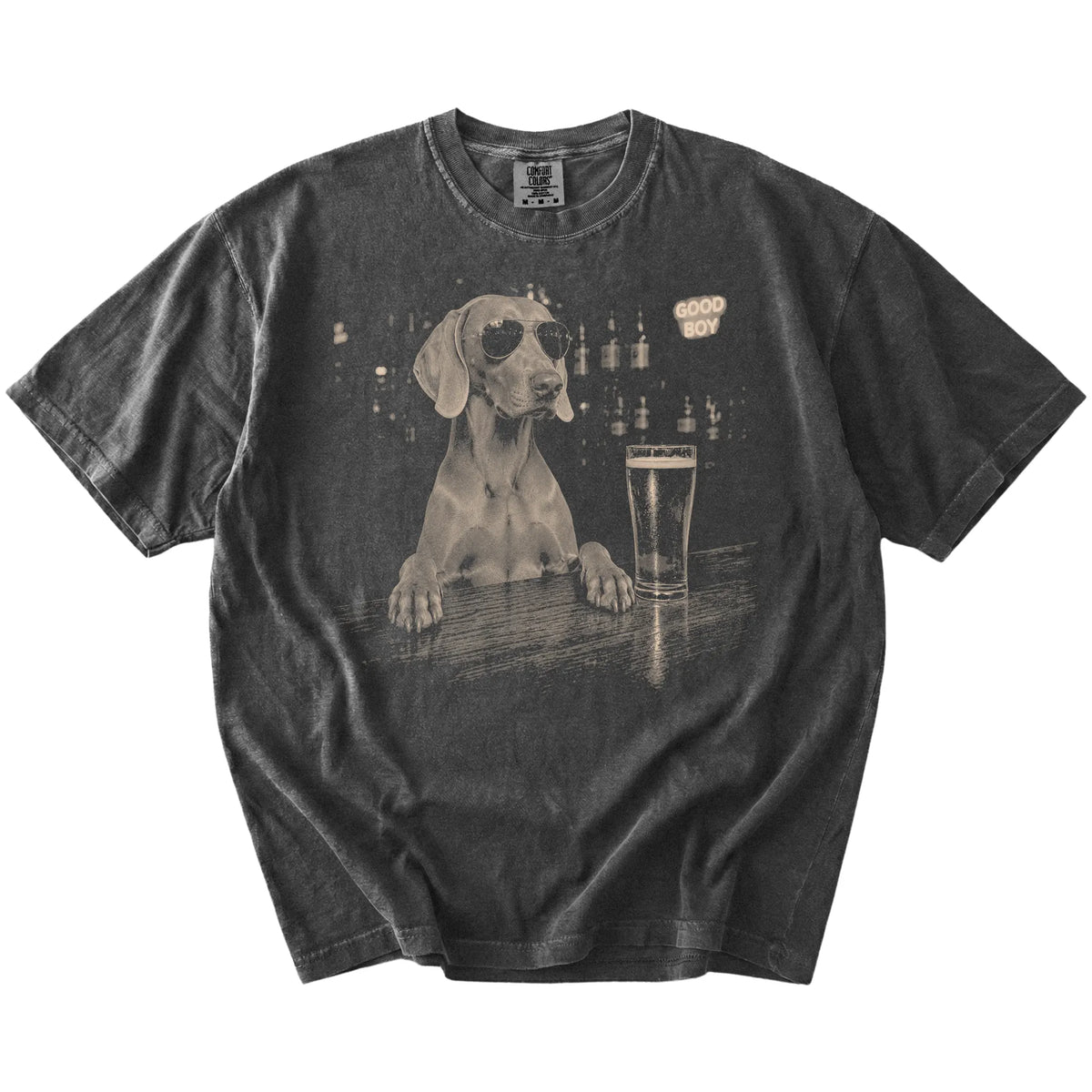 Pepper Weimaraner at a bar beside a pint, laid flat