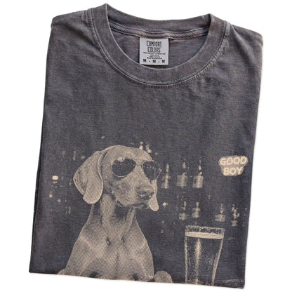 Pepper Weimaraner at a bar beside a pint, folded detail view