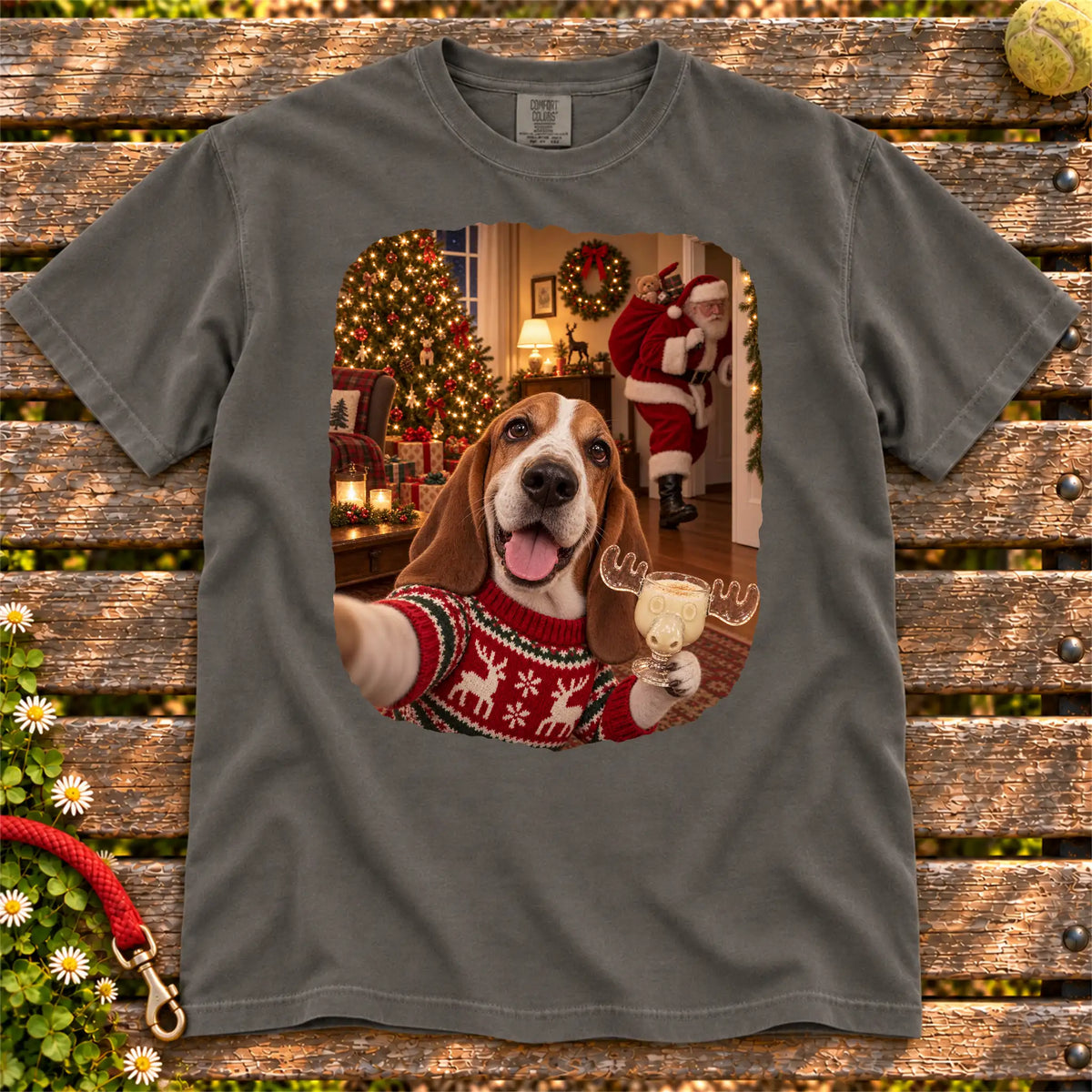 Basset Hound Eggnog Selfie design on a Pepper Comfort Colors® T-shirt