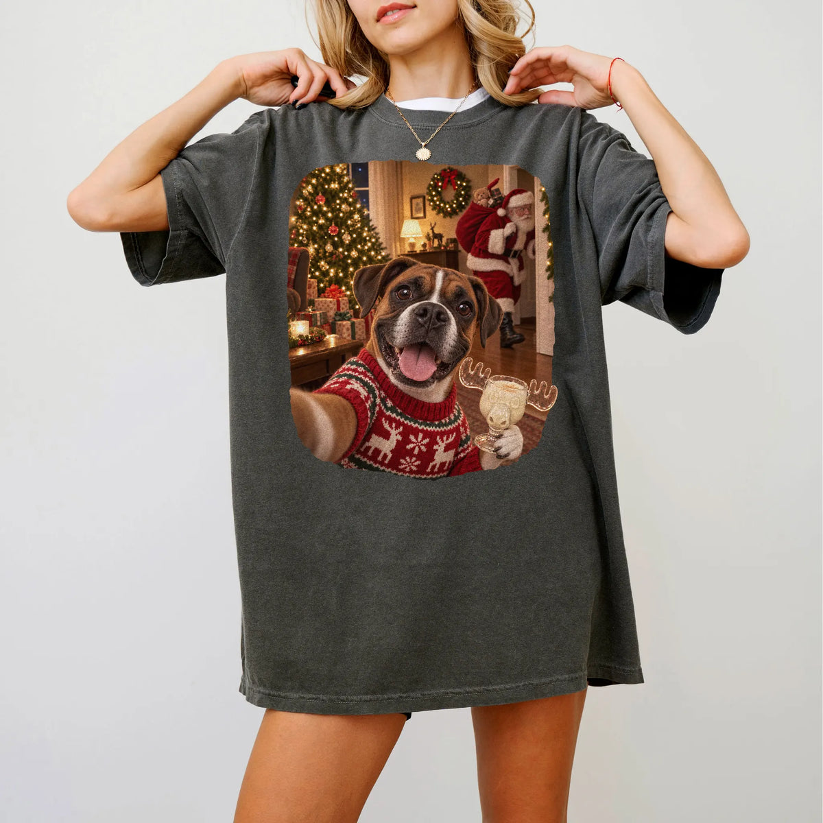Boxer Eggnog Selfie design on a Pepper Comfort Colors® T-shirt worn by a model