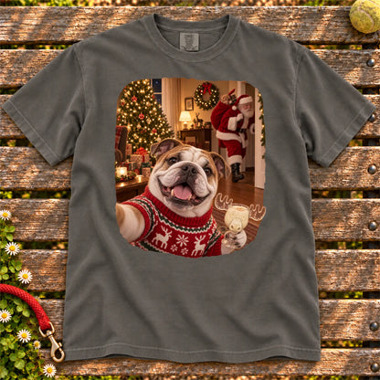 Bulldog Eggnog Selfie design on a Pepper Comfort Colors® T-shirt