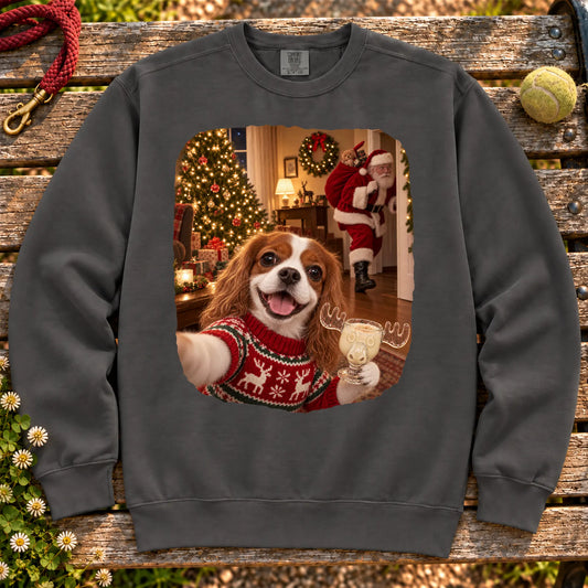 Cavalier King Charles Spaniel Eggnog Selfie design on a Pepper Comfort Colors® sweatshirt