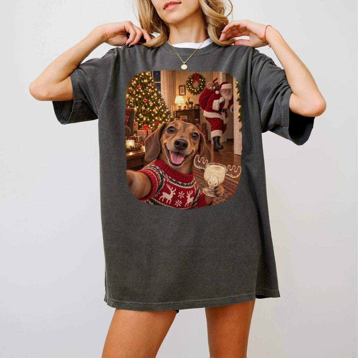 Dachshund Eggnog Selfie design on a Pepper Comfort Colors® T-shirt worn by a model