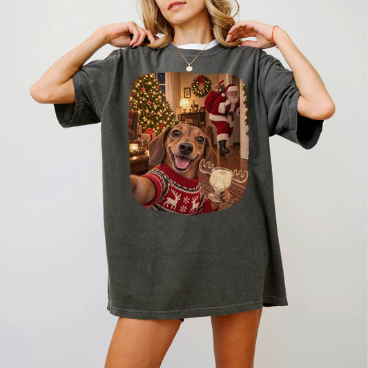 Dachshund Eggnog Selfie design on a Pepper Comfort Colors® T-shirt worn by a model