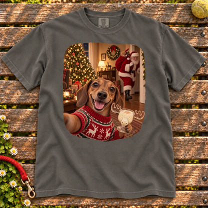 Dachshund Eggnog Selfie design on a Pepper Comfort Colors® T-shirt