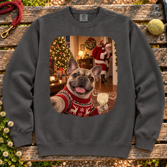 French Bulldog Eggnog Selfie design on a Pepper Comfort Colors® sweatshirt