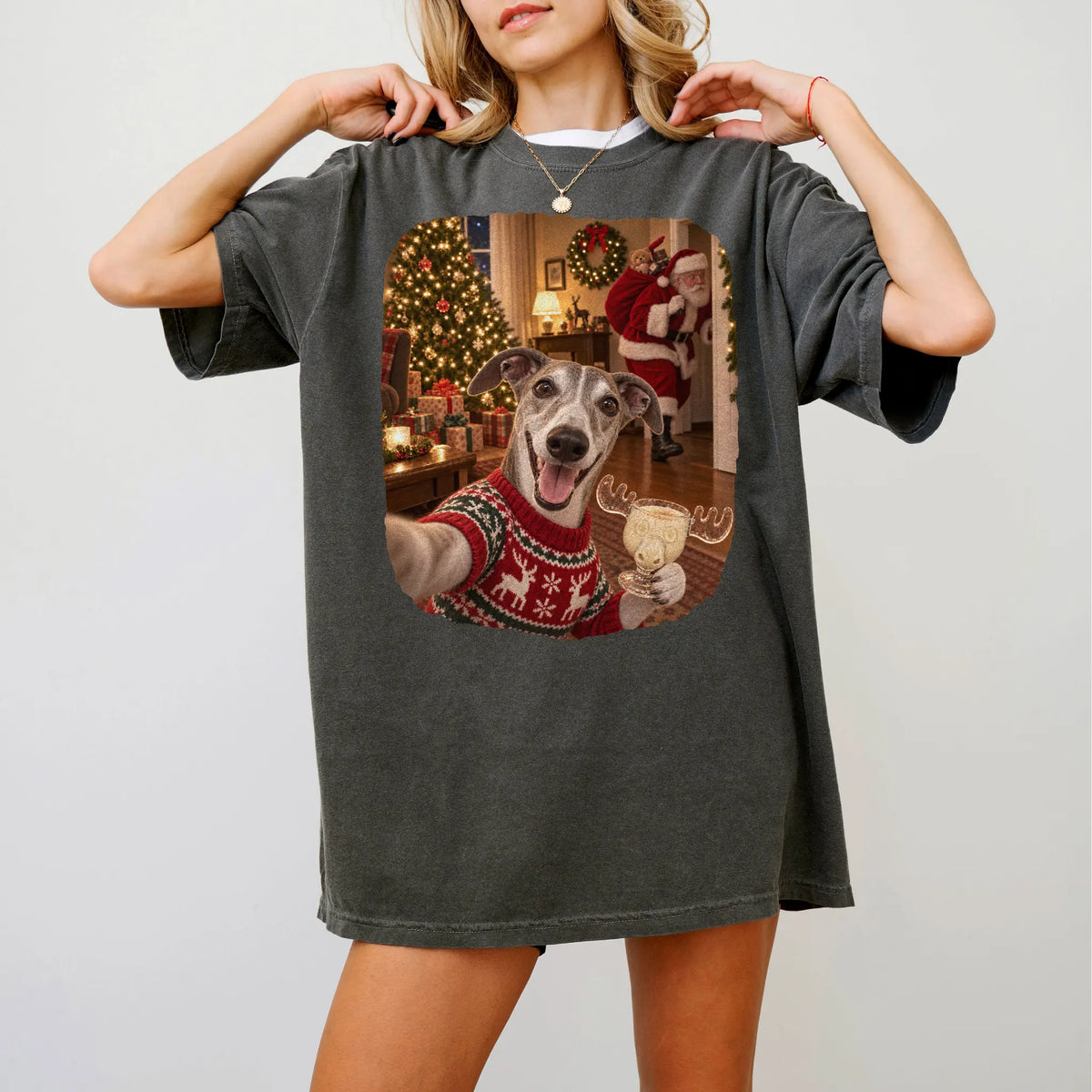 Greyhound Eggnog Selfie design on a Pepper Comfort Colors® T-shirt worn by a model
