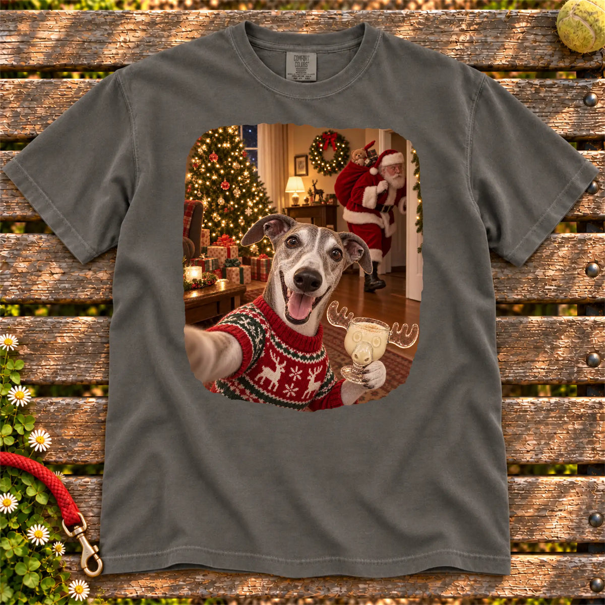 Greyhound Eggnog Selfie design on a Pepper Comfort Colors® T-shirt