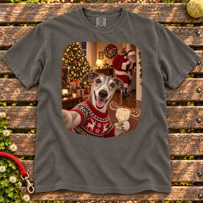 Greyhound Eggnog Selfie design on a Pepper Comfort Colors® T-shirt