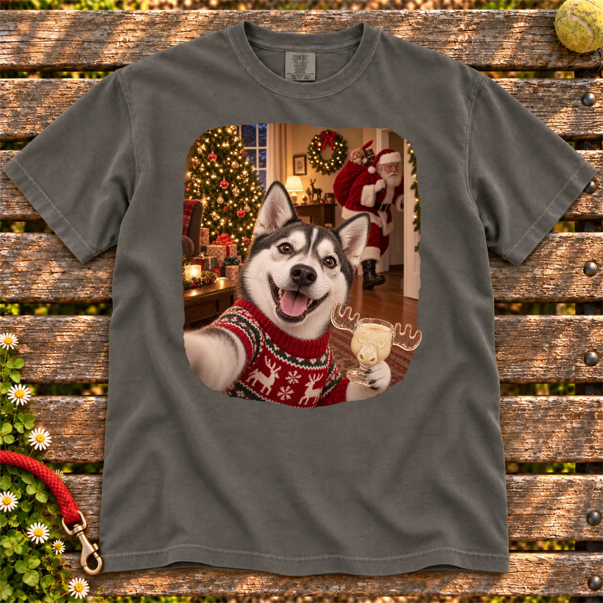 Husky Eggnog Selfie design on a Pepper Comfort Colors® T-shirt