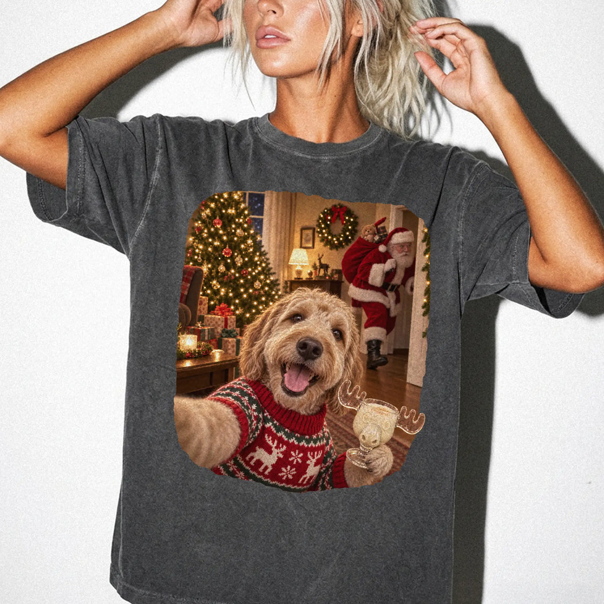 Labradoodle Eggnog Selfie design on a Pepper Comfort Colors® T-shirt worn by a model