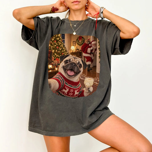 Pug Eggnog Selfie design on a Pepper Comfort Colors® T-shirt worn by a model