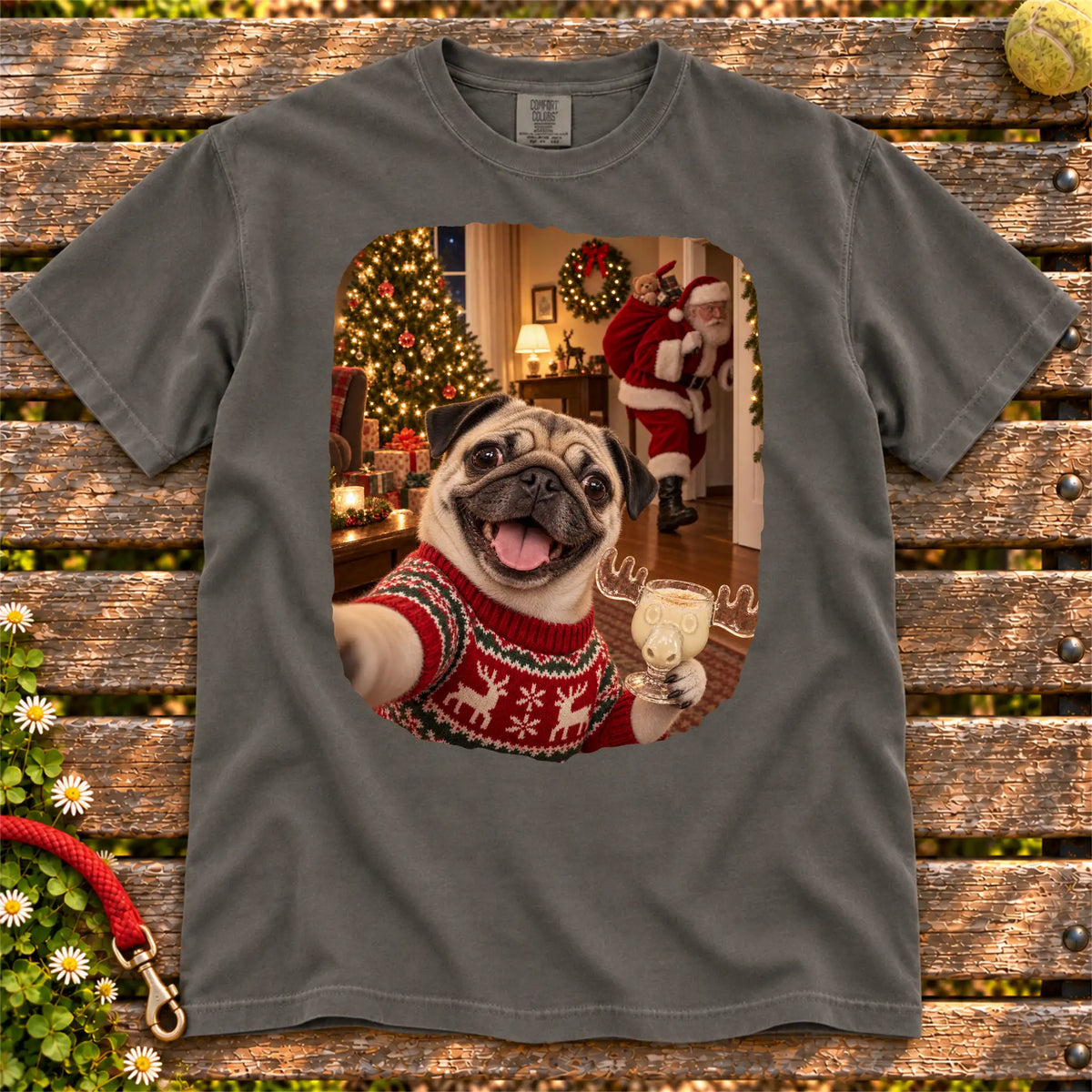 Pug Eggnog Selfie design on a Pepper Comfort Colors® T-shirt