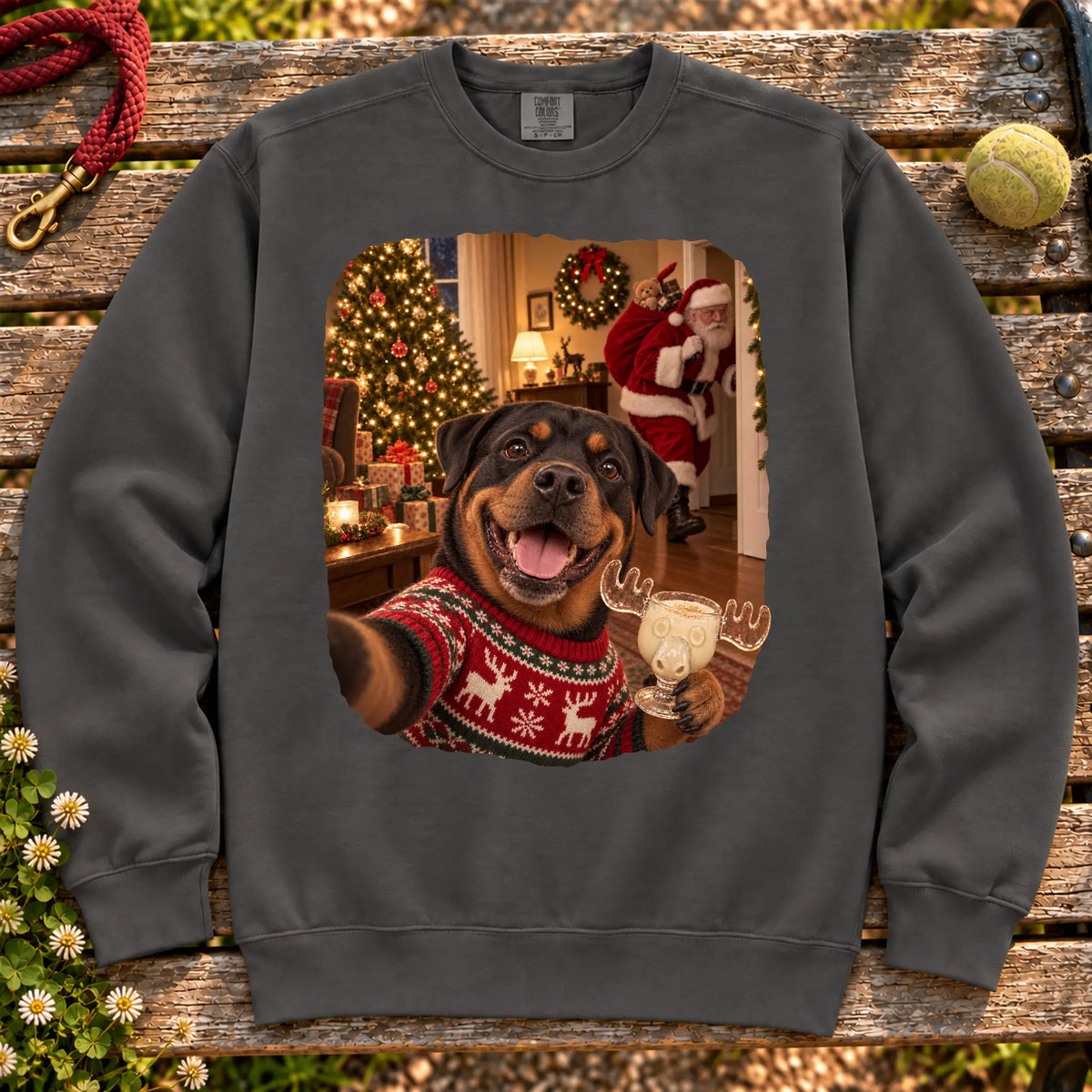 Rottweiler Eggnog Selfie design on a Pepper Comfort Colors® sweatshirt
