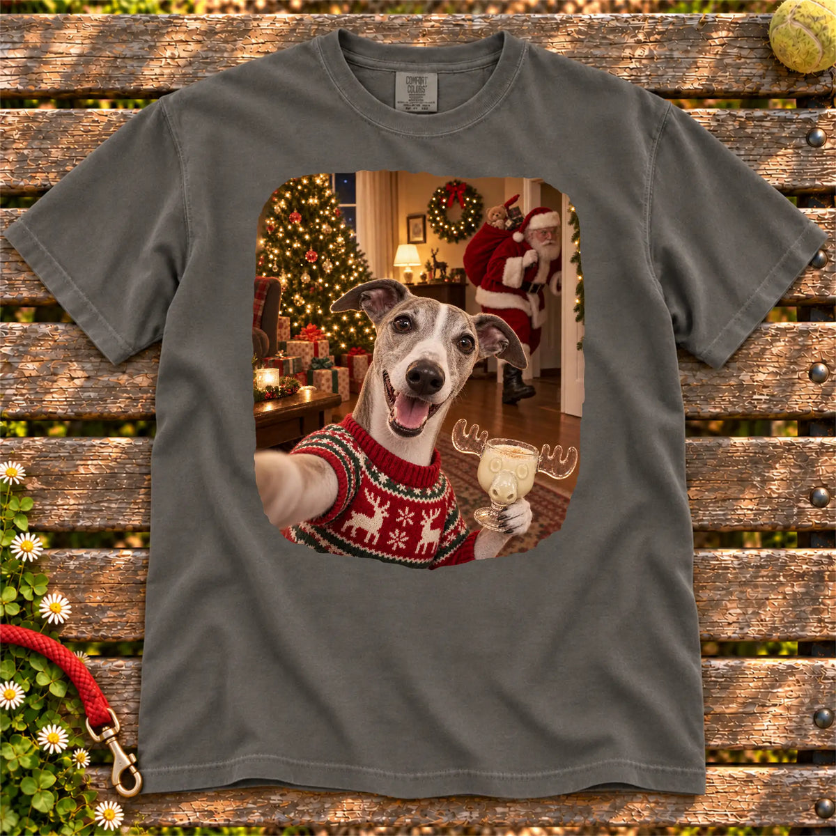 Whippet Eggnog Selfie design on a Pepper Comfort Colors® T-shirt