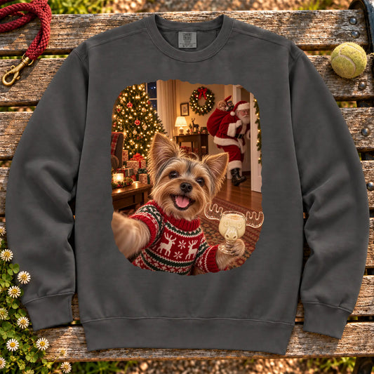Yorkie Eggnog Selfie design on a Pepper Comfort Colors® sweatshirt